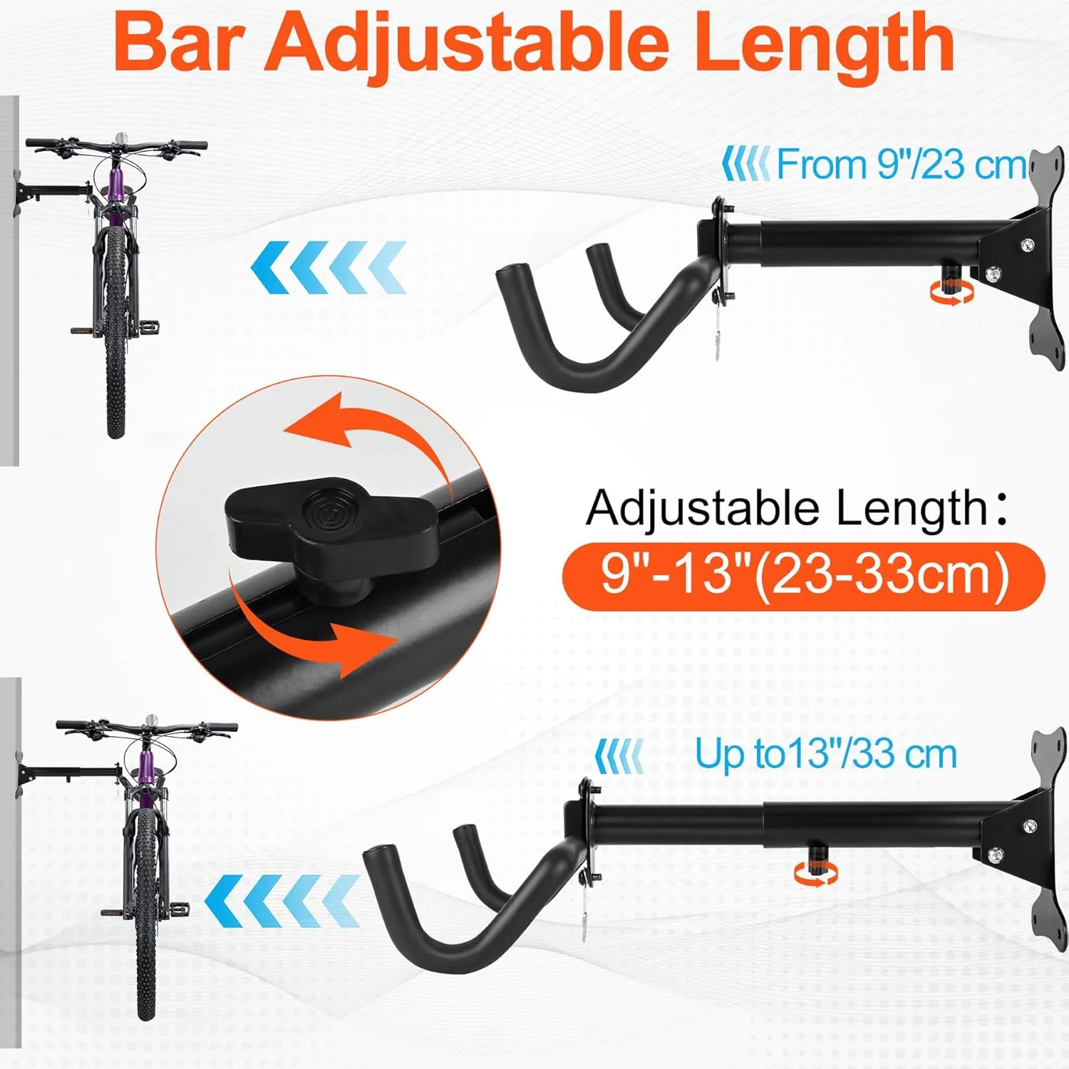 1 Set Bicycle Expandable Wall Hanger - Horizontal Bicycle Indoor Storage Rack | Bicycle Wall Mount Rack Hooks - Bike Hook for Road, Mountain or Hybrid Bikes(Stretchable, 1Set)