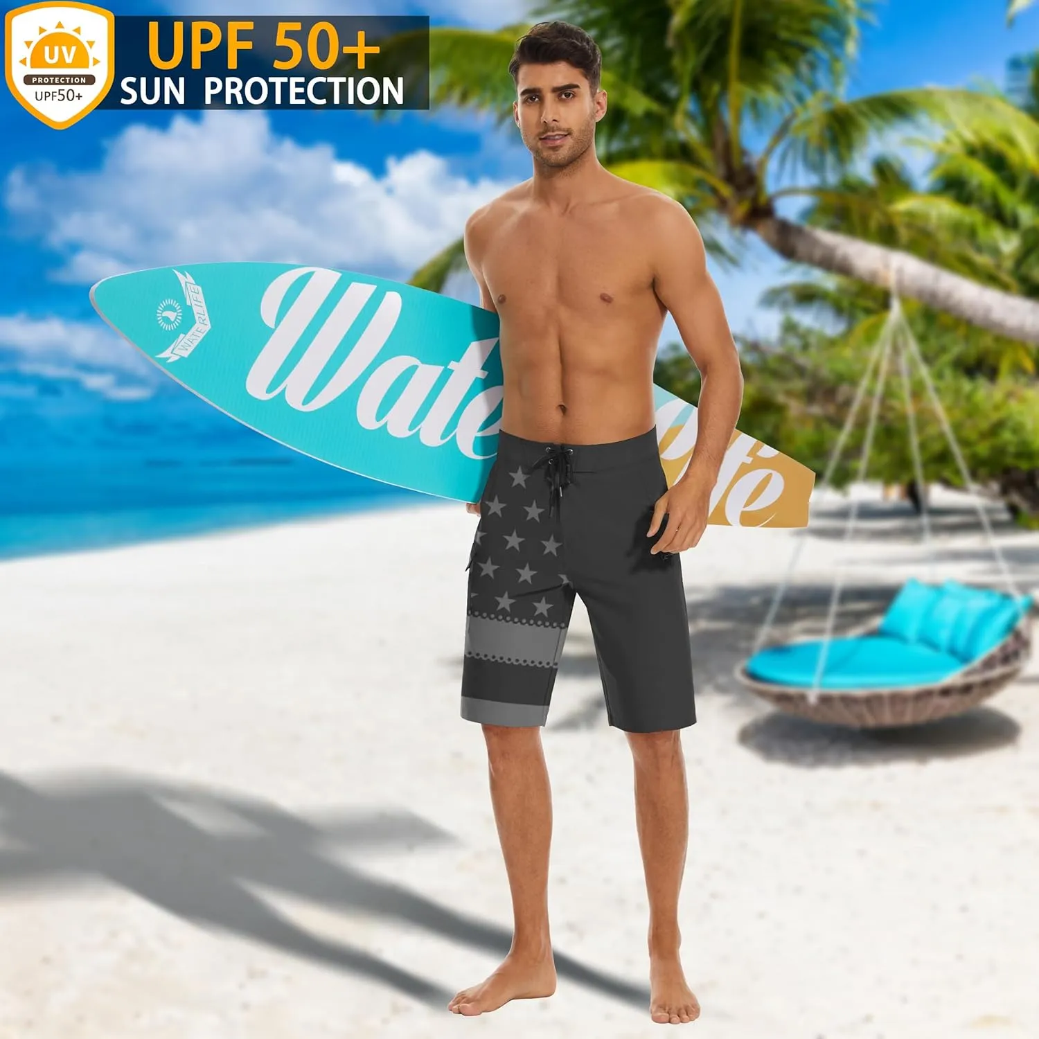 22" Men's Board Shorts Swimwear No Mesh Lining - Long Swim Trunks Surf Shorts Bathing Suit with Zipper Pocket UPF50 