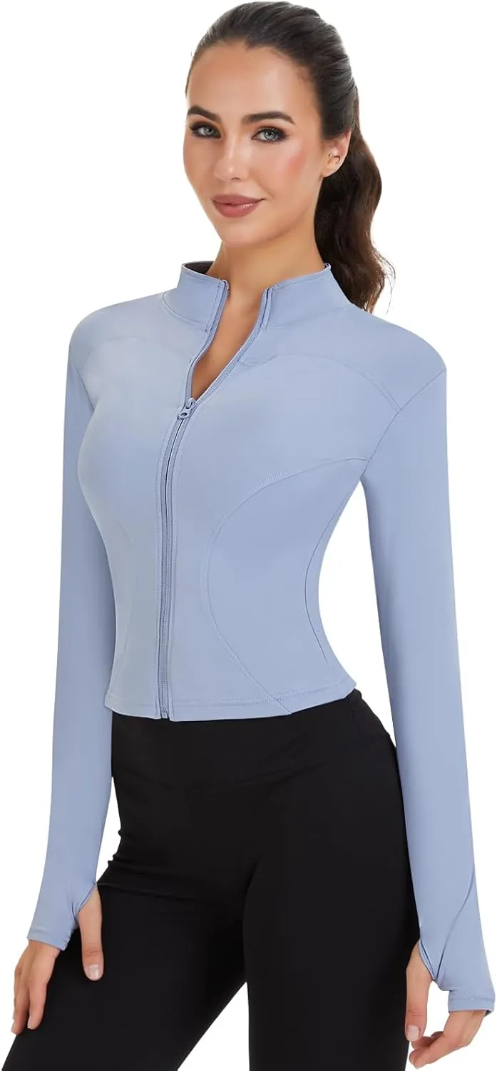 3 Pack Women's Workout Jacket Slim Fit Cropped Jacket Zip up Athletic Tops with Thumb Hole Running Gym Yoga