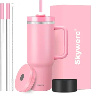 40 oz Tumbler with Handle and Straw, 2 Lids (2 in 1 & LeakProof Lid) - Vacuum Insulated Stainless Steel Double Wall Water Bottle Travel Coffee Mug - Holiday Gifts for Women Mom Grandma, Pink