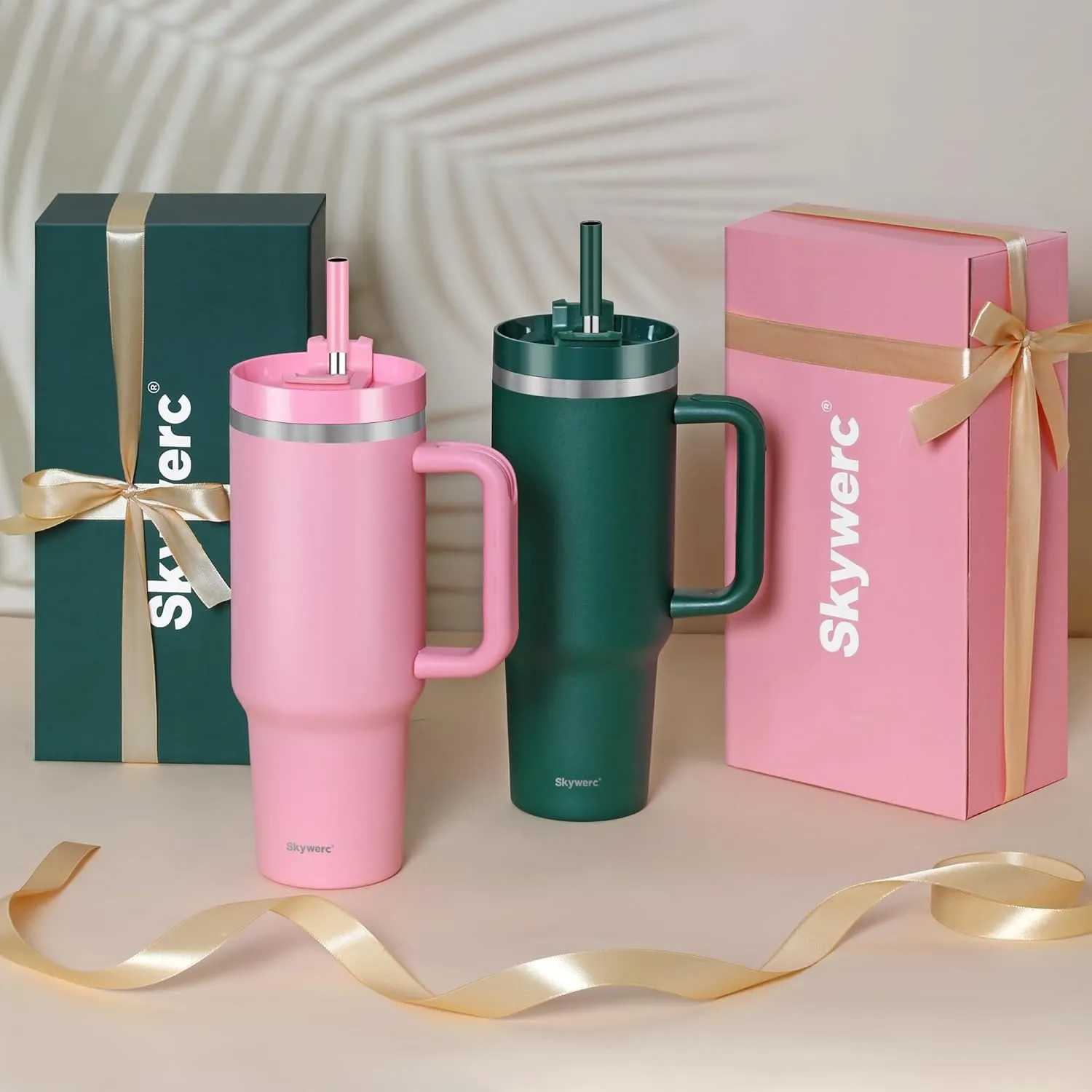 40 oz Tumbler with Handle and Straw, 2 Lids (2 in 1 & LeakProof Lid) - Vacuum Insulated Stainless Steel Double Wall Water Bottle Travel Coffee Mug - Holiday Gifts for Women Mom Grandma, Pink