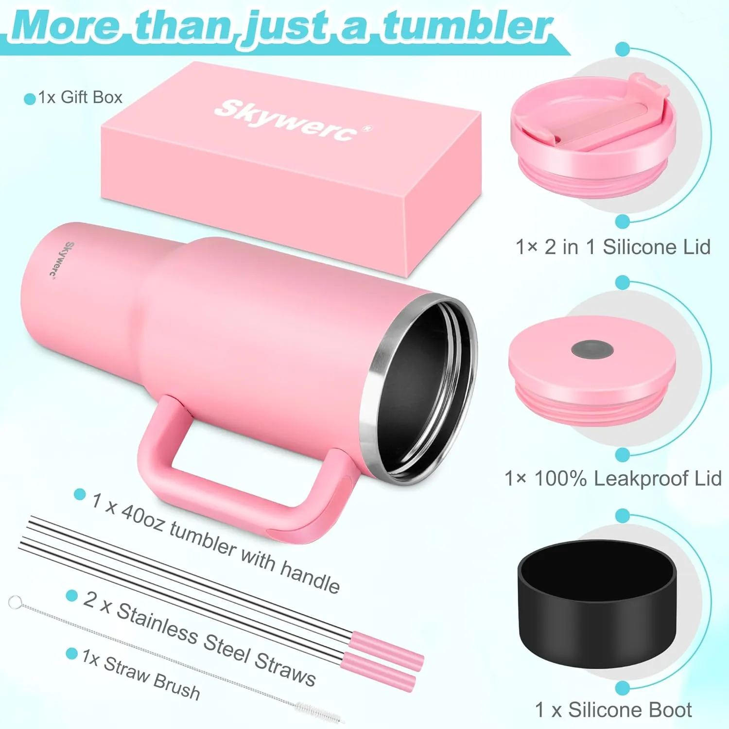 40 oz Tumbler with Handle and Straw, 2 Lids (2 in 1 & LeakProof Lid) - Vacuum Insulated Stainless Steel Double Wall Water Bottle Travel Coffee Mug - Holiday Gifts for Women Mom Grandma, Pink
