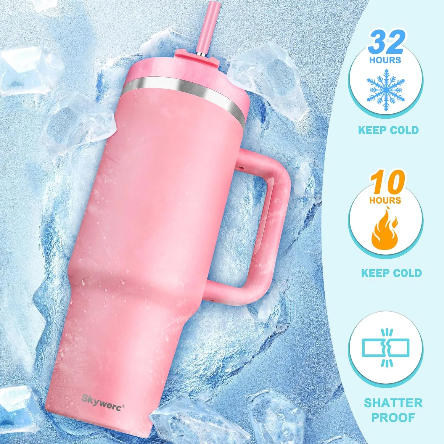 40 oz Tumbler with Handle and Straw, 2 Lids (2 in 1 & LeakProof Lid) - Vacuum Insulated Stainless Steel Double Wall Water Bottle Travel Coffee Mug - Holiday Gifts for Women Mom Grandma, Pink