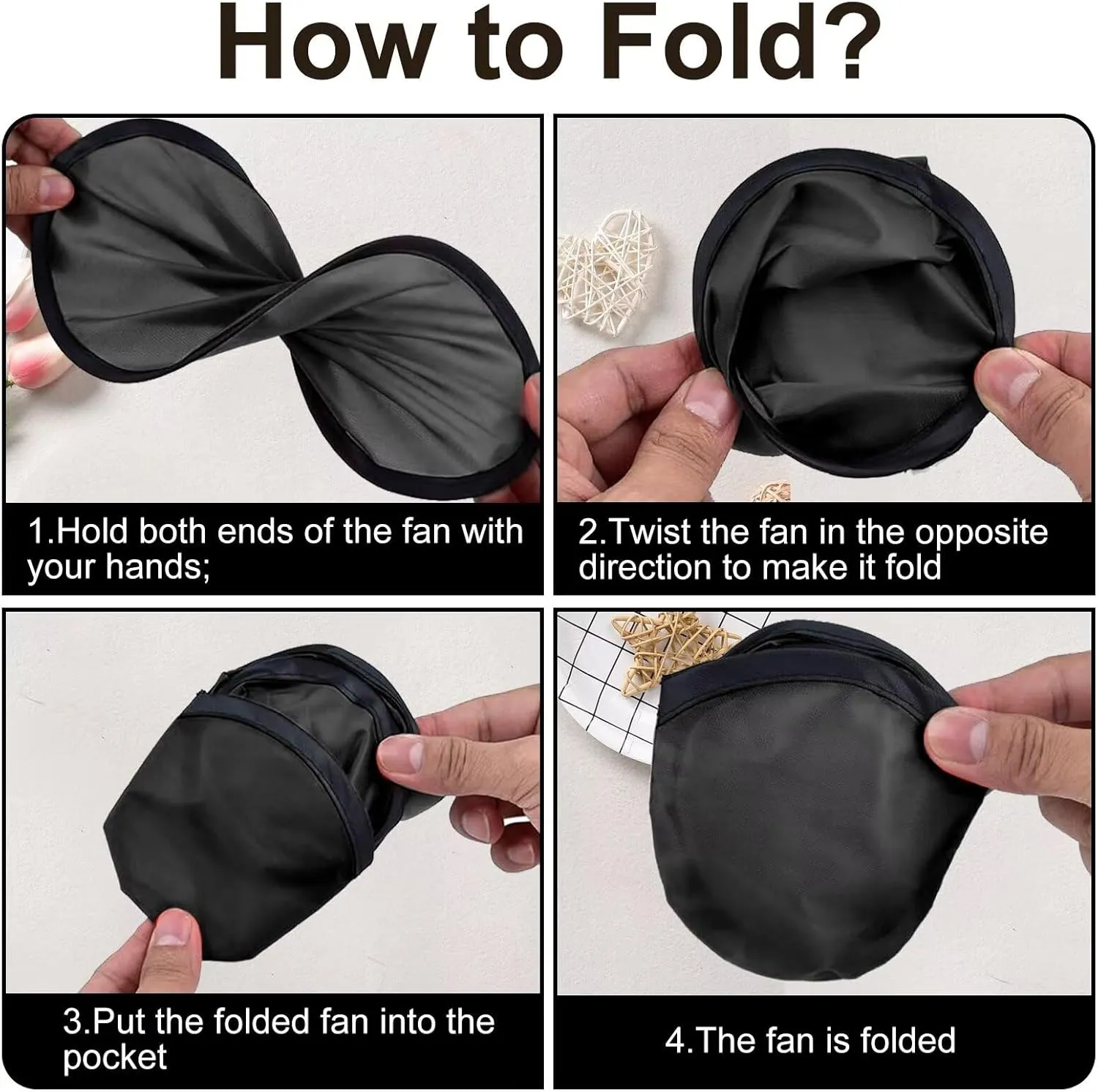 50PCS Foldable Flying Disc Fans with Bags, 9.8'' DIY Handheld Black Egde Fabric Folding Fan for Outdoor Game Activities Birthday Party Favors End of Year Student Gifts, Black