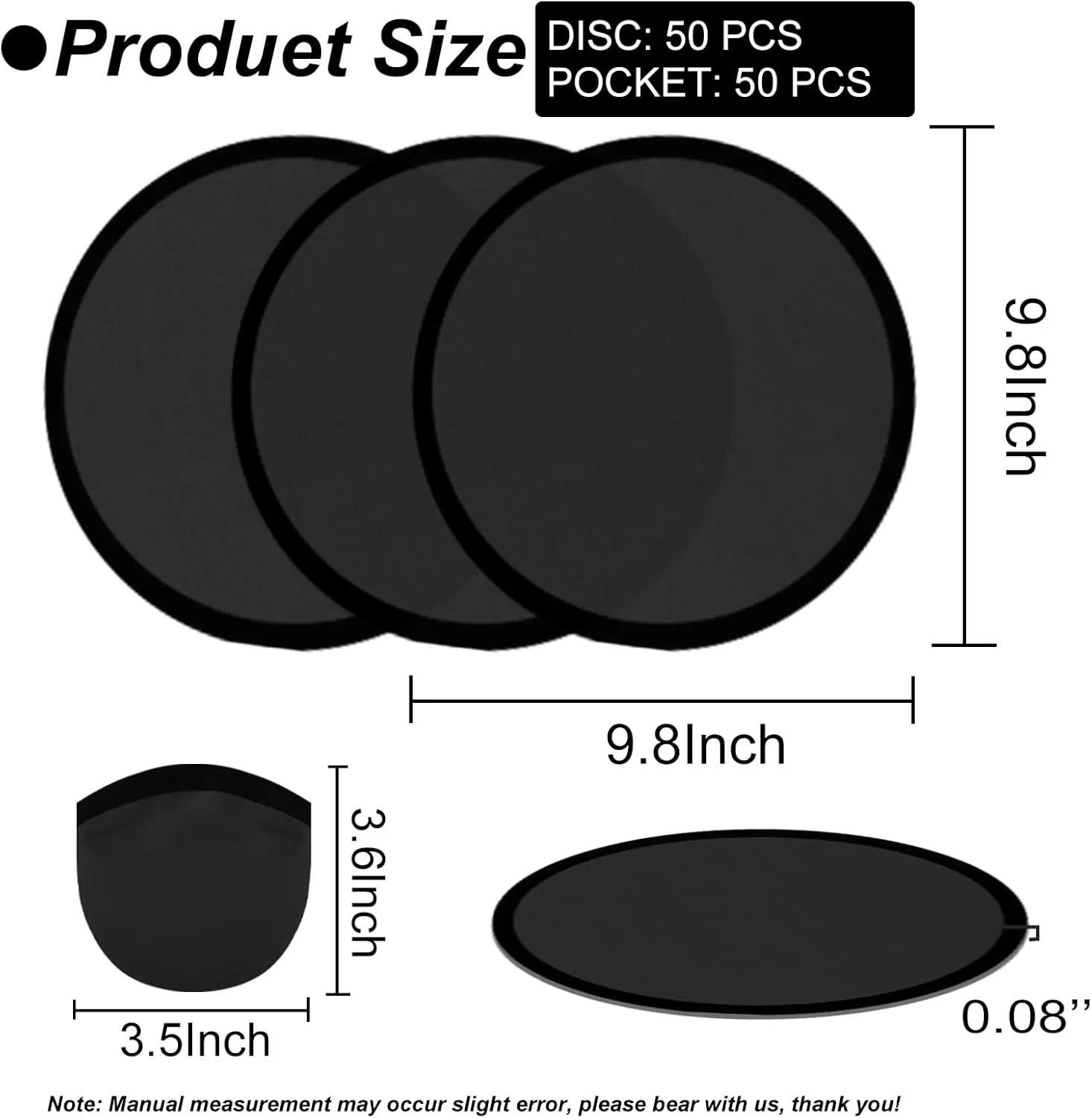 50PCS Foldable Flying Disc Fans with Bags, 9.8'' DIY Handheld Black Egde Fabric Folding Fan for Outdoor Game Activities Birthday Party Favors End of Year Student Gifts, Black