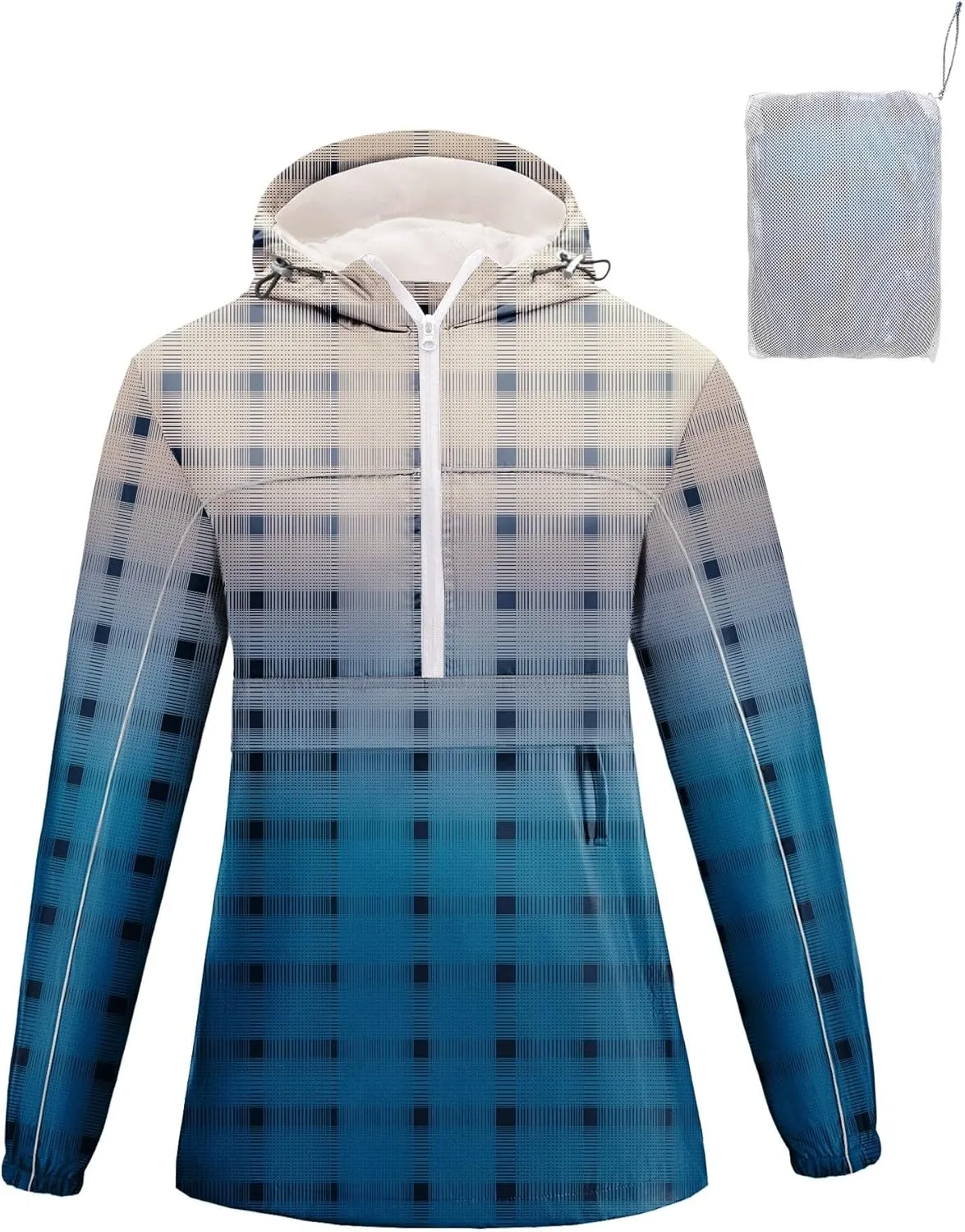 Avoogue Raincoat Women Reflective Waterproof Rain Jackets Half Zipper Packable Outdoor Hooded Windbreaker Lined Jacket