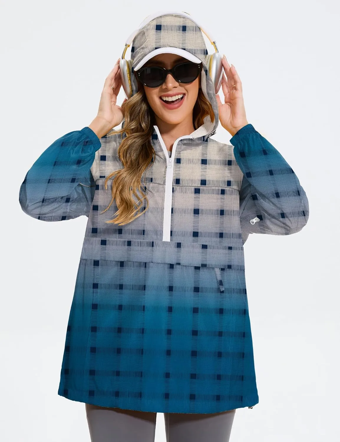 Avoogue Raincoat Women Reflective Waterproof Rain Jackets Half Zipper Packable Outdoor Hooded Windbreaker Lined Jacket