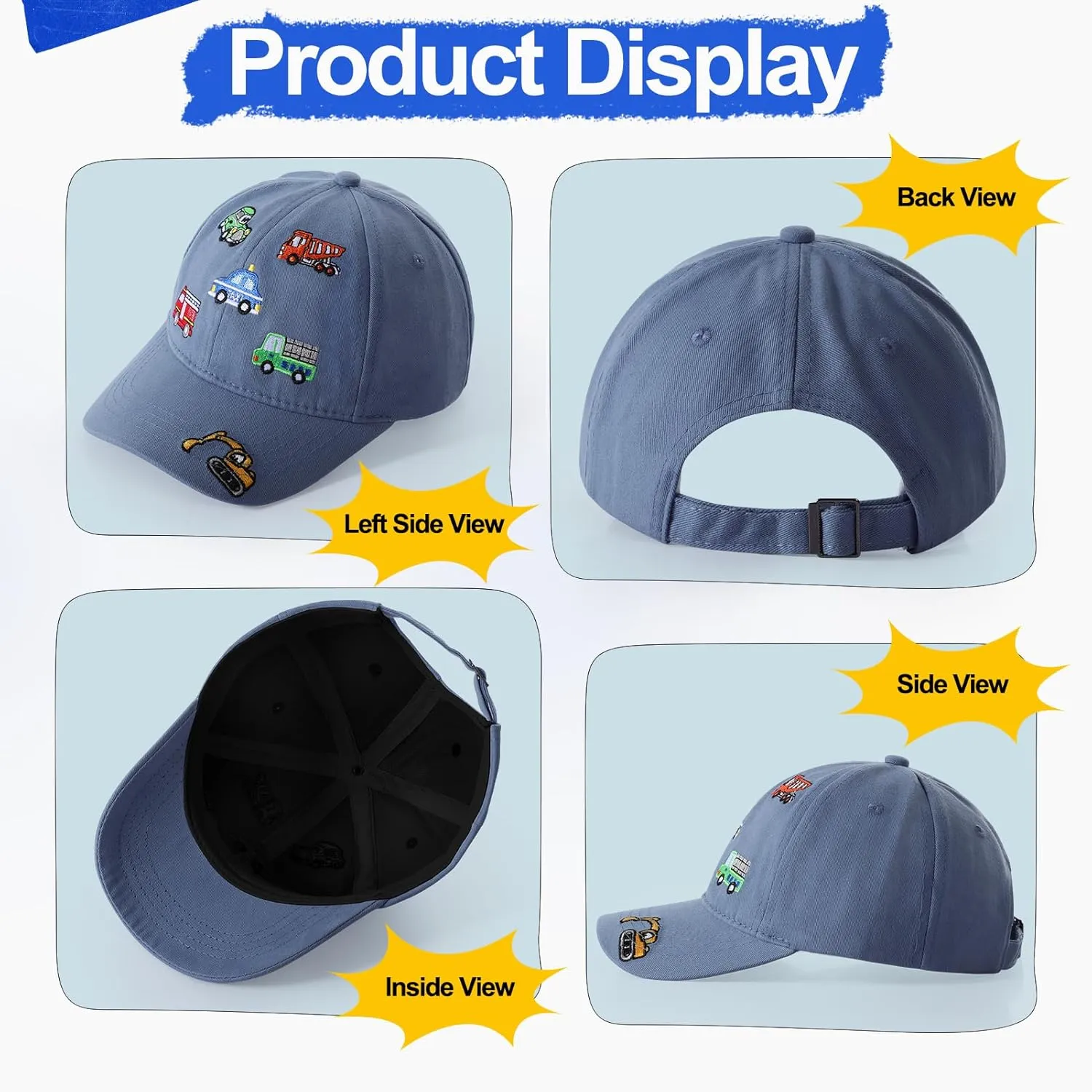 Embroidered Baseball Caps for Boys Girls Fire Truck Excavator Trucker Hat Funny Adjustable Summer Hats Age 3-8