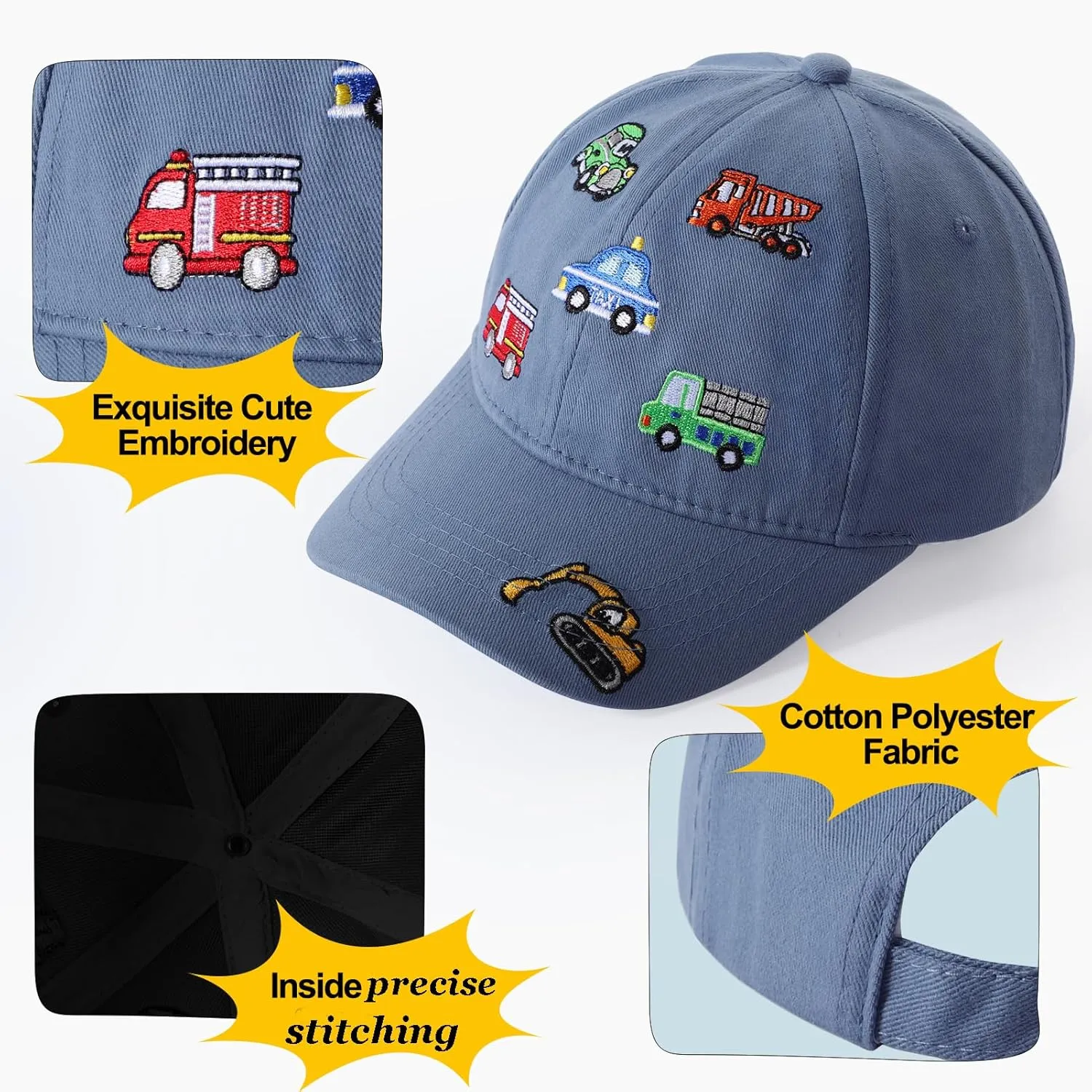 Embroidered Baseball Caps for Boys Girls Fire Truck Excavator Trucker Hat Funny Adjustable Summer Hats Age 3-8