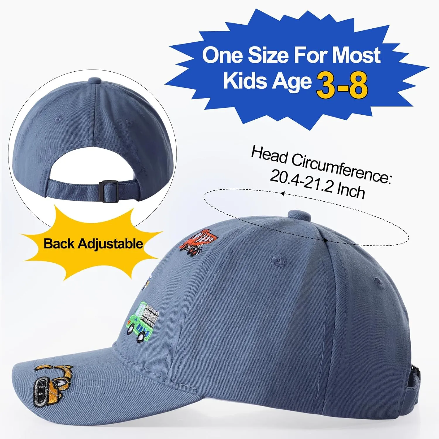 Embroidered Baseball Caps for Boys Girls Fire Truck Excavator Trucker Hat Funny Adjustable Summer Hats Age 3-8