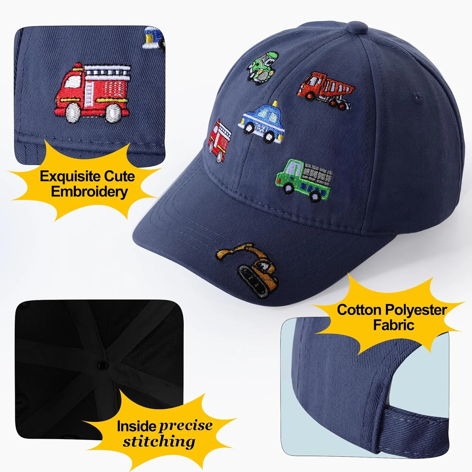 Embroidered Baseball Caps for Boys Girls Fire Truck Excavator Trucker Hat Funny Adjustable Summer Hats Age 3-8