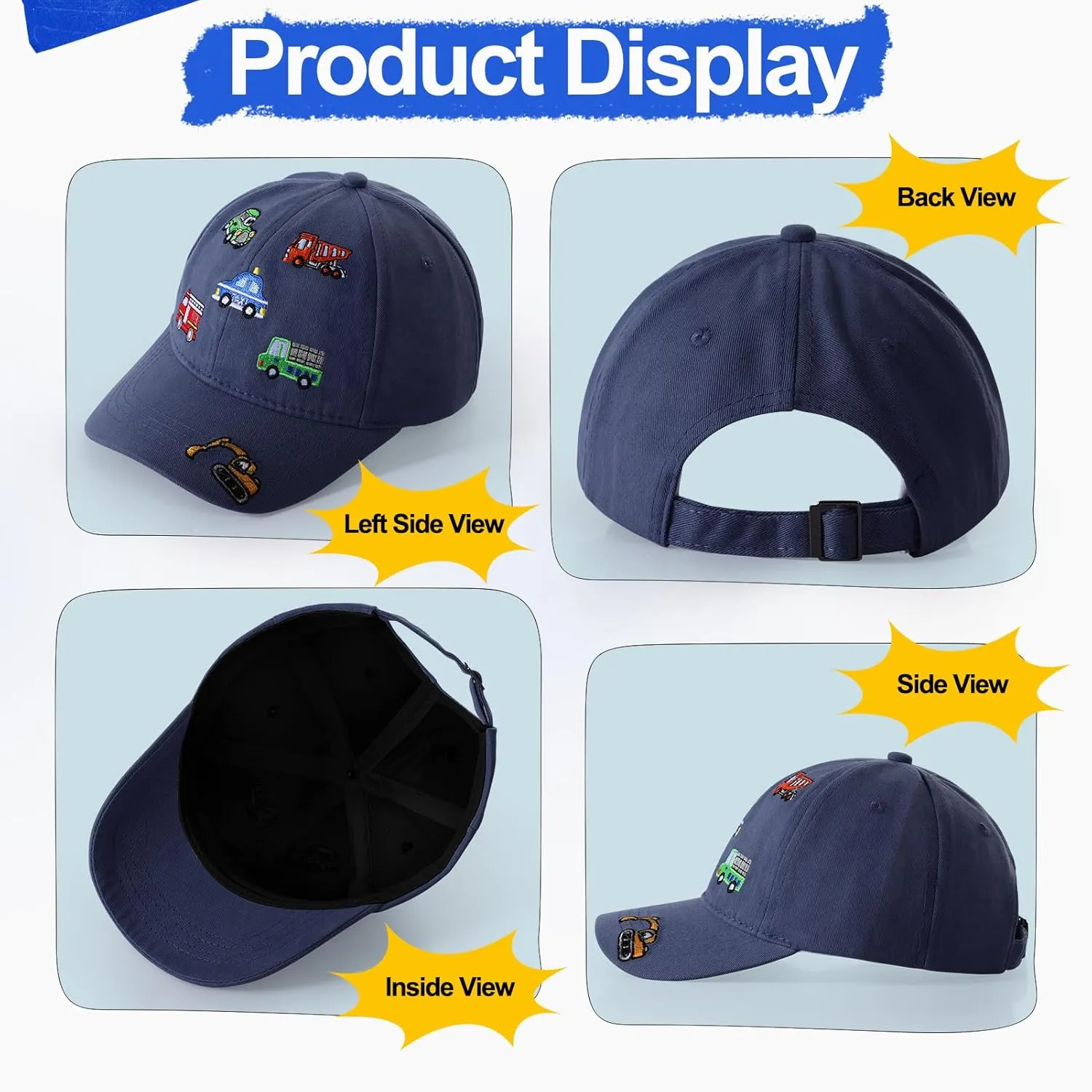 Embroidered Baseball Caps for Boys Girls Fire Truck Excavator Trucker Hat Funny Adjustable Summer Hats Age 3-8