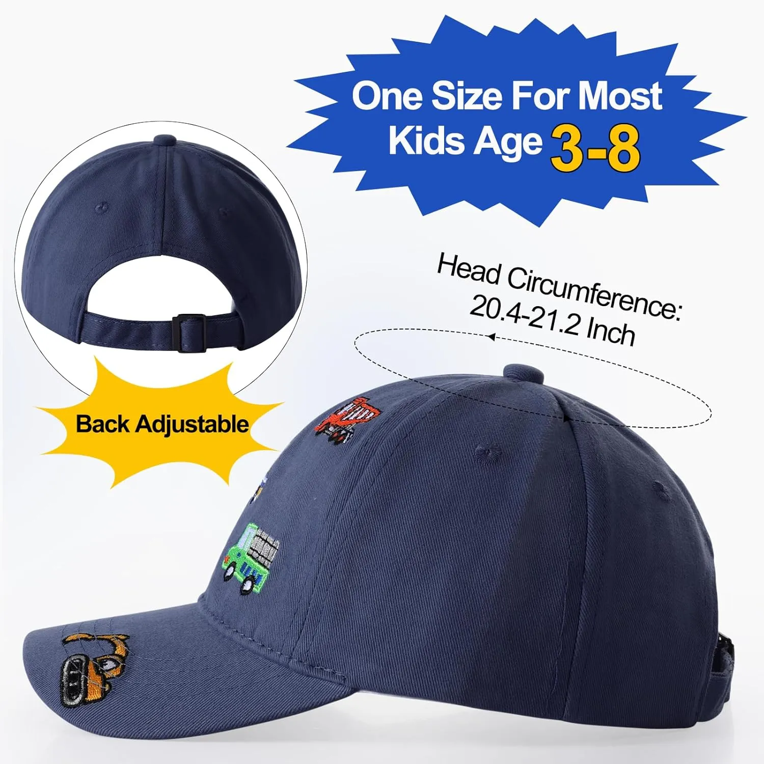 Embroidered Baseball Caps for Boys Girls Fire Truck Excavator Trucker Hat Funny Adjustable Summer Hats Age 3-8