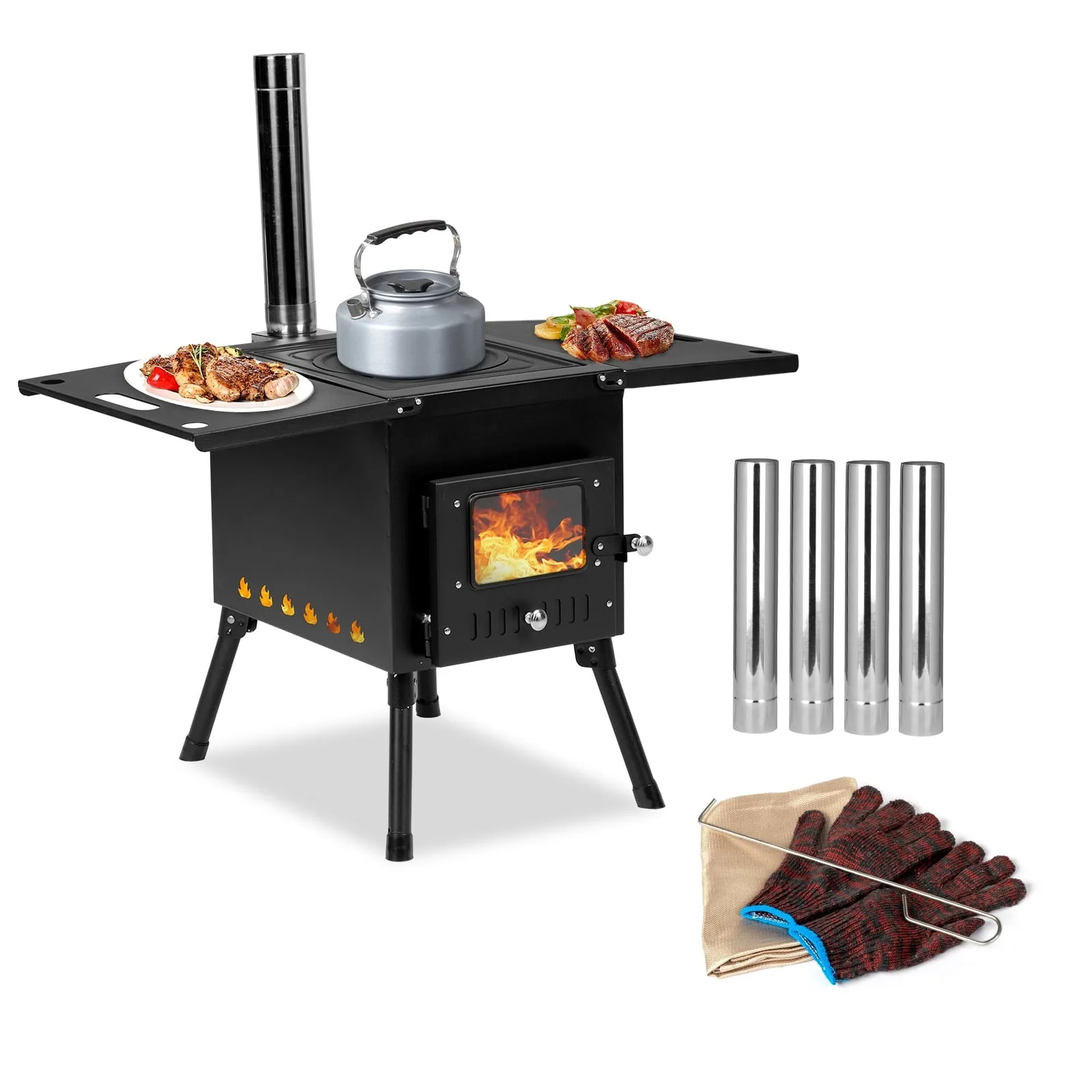 essential Wood Camping Stove Outdoor Portable Tent Wood Burning Stove with Stainless Chimney Pipes for Tent, Shelter, Camping Heating and Cooking