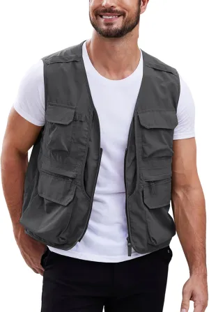 Gihuo Men's Utility Fishing Vest Lightweight Outdoor Work Safari Travel Cargo Vest with Multi-Pockets