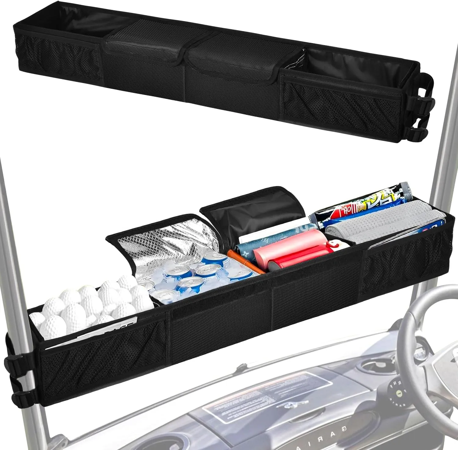 Golf Cart Inner Storage Tray, Upgraded 1680D Golf Cart Front Storage Basket with Insulated Cup Holders, Tray Compatible with EZGO,Club Car,Drive,ICON (Black)