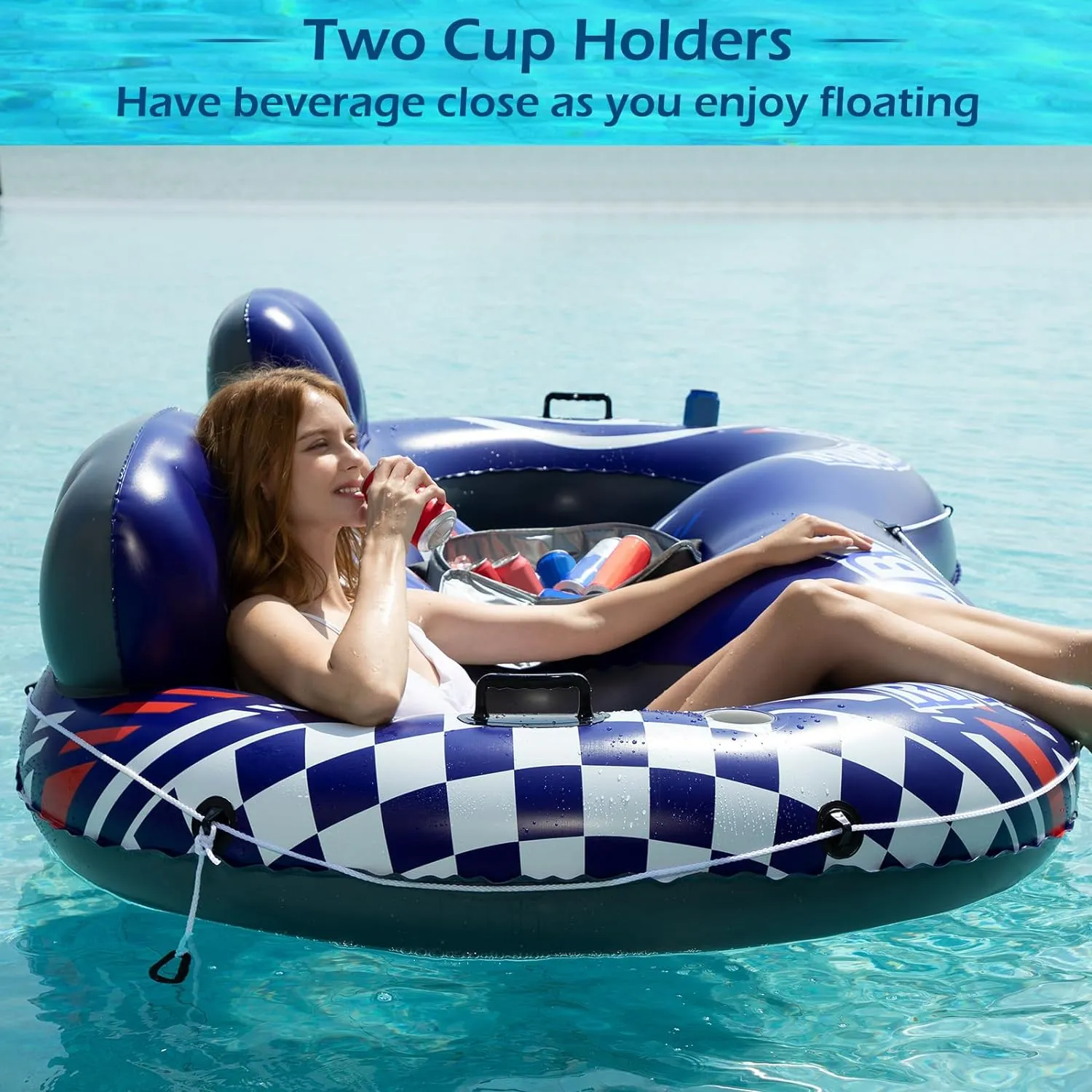 Jasonwell Inflatable River Tube Float - 2 Person Heavy Duty River Float Pool Floats with Removable Cooler Lake Water Tubes for Floating River Raft Lounge Floatie with 2 Cup Holders for Adults (D-Blue)