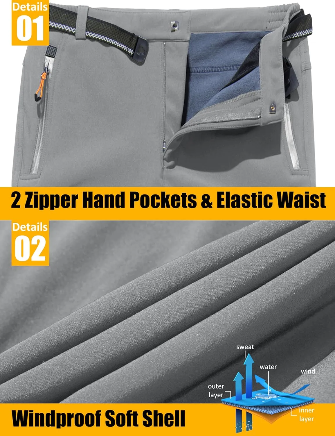MAGCOMSEN Men's Winter Pants Fleece Lined Ski Snow Pants Water Resistant 4 Zip Pockets Outdoor Pants