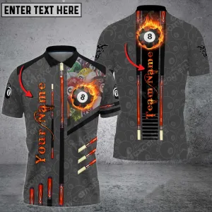 Personalized Name Team Cue Billiards 8 Ball Fire Polo Shirt, Gift for Billiard Lovers