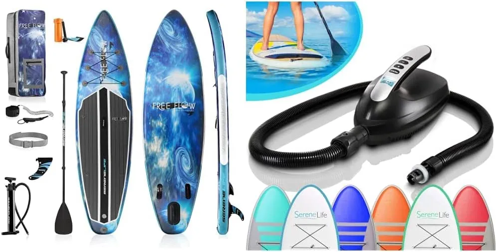 SereneLife Inflatable Stand Up Paddle Boardwith Premium SUP Accessories & Carry Bag | Wide Stance, Bottom Fin & Serene Life Digital Electric Air Pump Compressor- SereneLife SLPUMP20