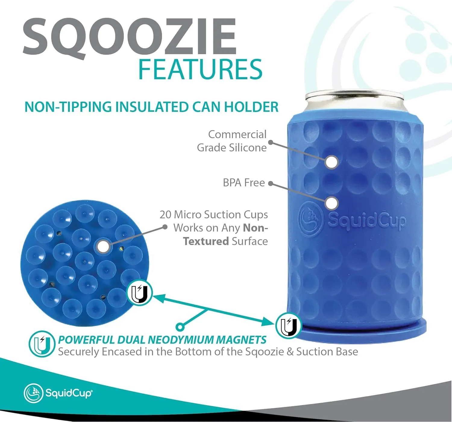 Sqoozie Non-Tipping Insulated Boat Can Holder (Island Blue, Standard) Portable, Magnetic & Suction for SUP's, Kayaks, RVs, ATV, Garage and More