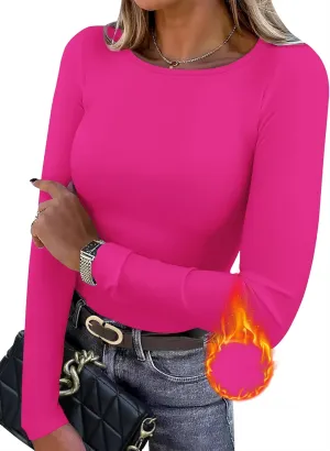 WIHOLL Long Sleeve Thermal Shirt for Women Light Fleece Tops Spring 2025 Crew Neck Casual Basic T-Shirts