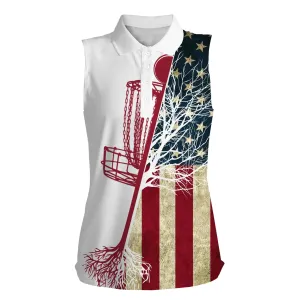 Women's Disc Golf Sleeveless Polo Shirt Vintage American Flag Disc Golf Basket, Patriot Disc Golf Shirt 