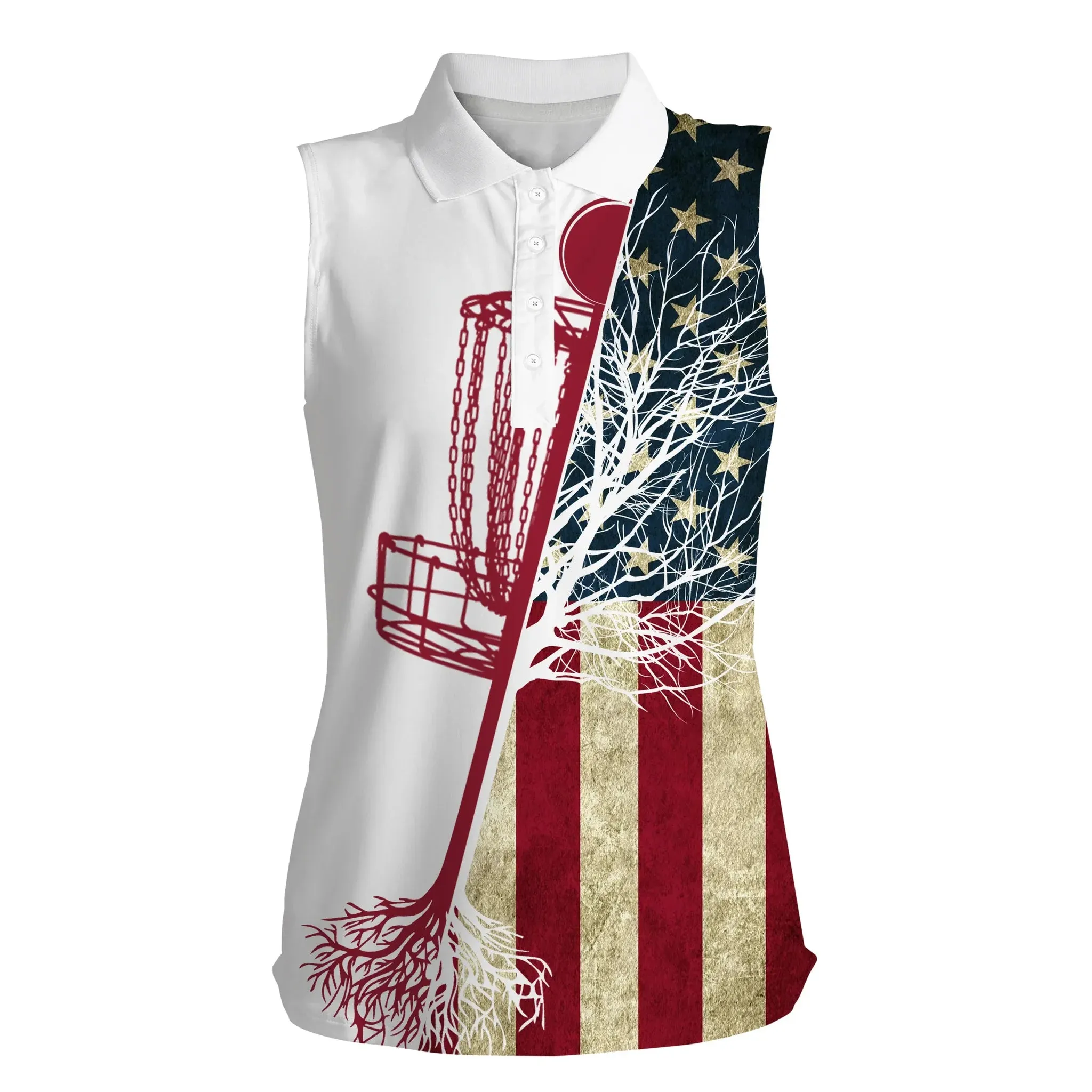 Women's Disc Golf Sleeveless Polo Shirt Vintage American Flag Disc Golf Basket, Patriot Disc Golf Shirt 